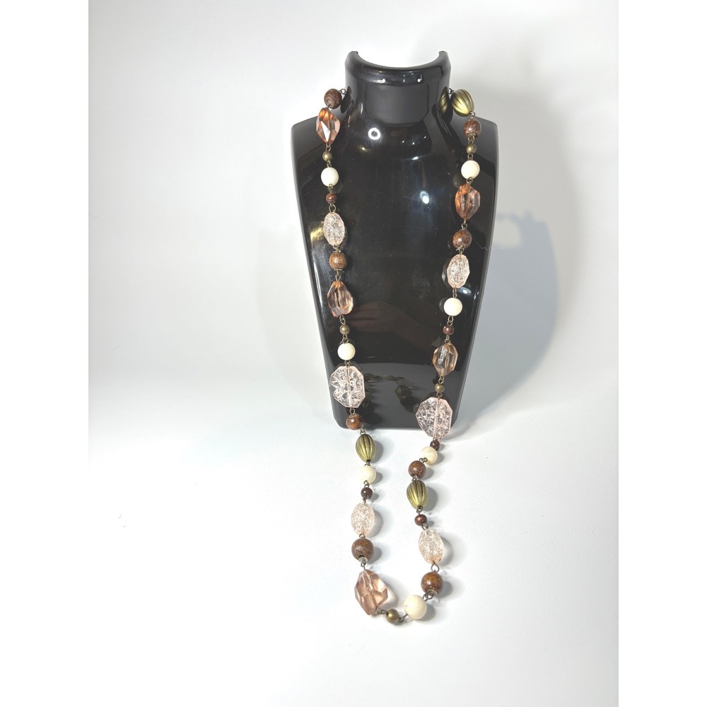 Vintage Boho Beaded Necklace Peach Cream Bronze Wood Acrylic Long Strand 28 Inch